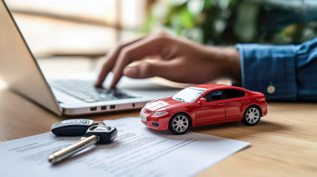 A man is typing on a laptop, and on the table there is a stylish red toy car, car keys and a car rental agreement. The concept of leasing. Buying and selling a car online. Website advertising.の素材