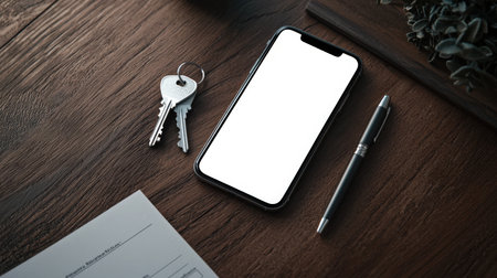 A stylish phone with an empty white screen lies on the desk next to a bunch of keys, a pen and a sheet of the contract of sale of the object. A phone mockup for the presentation of a mobile application.の素材