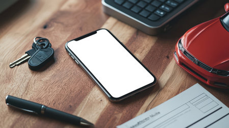A white-screen phone lies on the table next to car keys, a calculator, a contract, a pen, and a red toy car. Phone mockup. The concept of leasing, renting, or selling a car. Mobile App Advertisingの素材