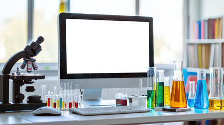 Mockup of the computer display. On the desk of the research chemist is a computer monitor, a variety of colorful chemicals in test tubes, and a microscope. The scene resembles a laboratoryの素材