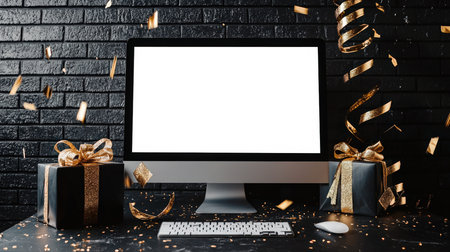 Black Friday. On the table is a computer monitor, keyboard, mouse, two black gifts with gold ribbons and falling confetti. Mockup of the computer display. Advertising sales, discounts, and promotionsの素材