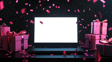 A festive laptop mockup in black and pink tones for Cyber Monday advertising. A laptop with a white screen sits on a table with pink boxes and flying confetti. Online discounts and salesの素材