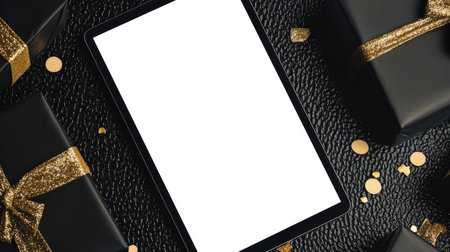 Online shopping. A mockup of a stylish black tablet with a white screen, top view, close-up. The concept of Black Friday advertising. A festive atmosphere of fun and gifts. Discounts and sales.の素材