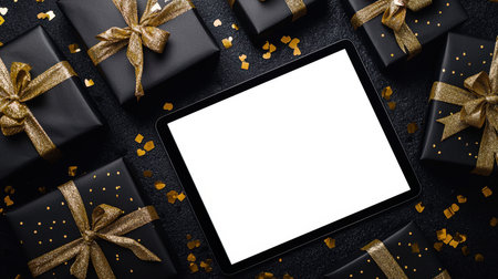 Top view of a tablet with a white screen surrounded by stylish black boxes with gold ribbons and bows. Tablet mockup for Black Friday ads. The season of discounts and sales. Online shoppingの素材