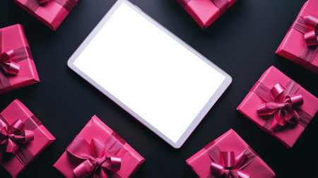 Cyber Monday is the most anticipated sale of the year. A mockup of a tablet for advertising discounts and promotions on the eve of Christmas. Top view of a white tablet and pink gift boxes. Online shoppingの素材