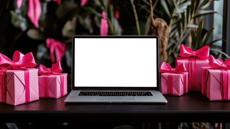 A mockup of a laptop sitting on a black table with pink gifts. Cyber Monday. Popularization of online shopping and an increase in online sales. The concept of anticipation and excitementの素材