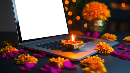 A lighted diya candle stands on a stylish laptop with a white screen. The celebration of a religious holiday is the Diwali Festival. Laptop mockup for website advertising. The victory of light over darkness.の素材