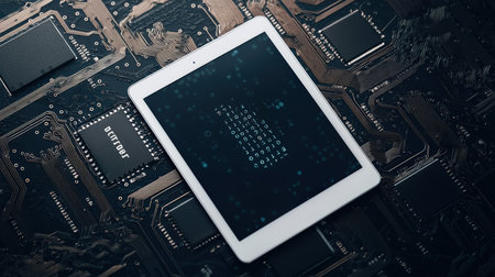 Information security, cybersecurity, and artificial intelligence. Unauthorized access, hacking, or hacking. Disaster recovery of data. A tablet on a motherboard and a computer chip.の素材