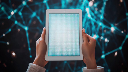 System hacking, network security, and data protection. Unauthorized access, cybersecurity, and integrity. A woman holds a tablet with a data code in her hands. Cryptography and Blockingの素材