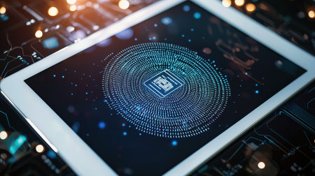 A tablet with multi-level data protection. Create strong passwords, encrypt confidential data, implement firewalls, and regularly update software and systems. Confidentiality, integrity, accessibility.の素材