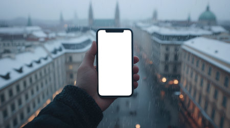 Rainy European city. Advertising for a mobile delivery app, taxi, etc. Phone mockup. The guy is holding a phone with a white screen against the background of a dull urban landscape in a snowfall. The concept of loneliness and isolationの素材