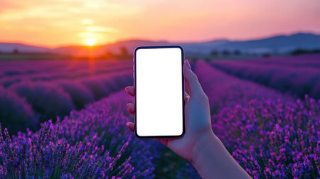 A walk through lavender fields in Provence, France. Phone mockup. A young woman with a phone with a white blank screen is in a field with purple flowers at sunset. A serene atmosphere. Mobile App Advertisingの素材