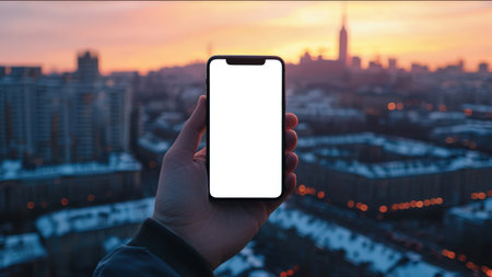 Panorama of an ordinary city at sunset. Phone mockup. A man with a cell phone with a white screen, close-up. The concept of loneliness and isolation when a person is alone in the city with his phoneの素材