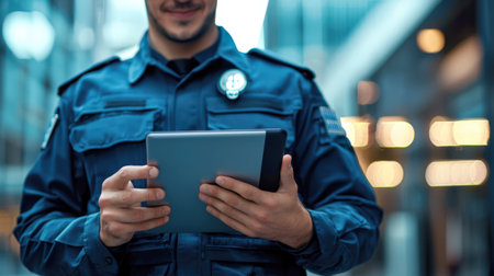 A police officer checks the data on a tablet. A uniformed policeman holds a tablet in his hands while standing on the street. The concept of law and order. The service for the protection and control of the city from crime.の素材