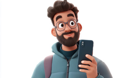 An ordinary bearded guy with glasses holds a mobile phone in his hand. He smiles and looks away and thinks about something. Cartoon style. The concept of happiness and contentment when a man enjoys his time with his phoneの素材