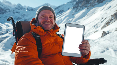Brave mountaineer with a disability in the mountains. Tablet mockup. Tourist in an orange jacket holds a tablet with a white screen in his hand. Concept of fighting for the rights of people with disabilities. Travel and tourism. A mobile application.の素材