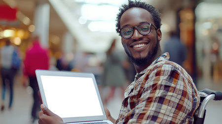 The IT specialist is disabled. A black guy with glasses is holding a laptop with an empty screen. Laptop mockup. A disabled man is sitting in a wheelchair and working at a personal computer. He's smiling and happy.の素材