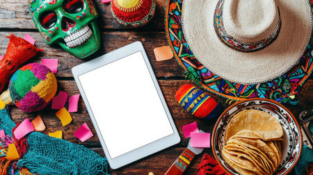 A festive tablet mockup in the style of a Mexican party. On the table is a tablet, a green skull, a sombrero hat and other Mexican decorations. The scene is festive and cheerful. Website presentationの素材