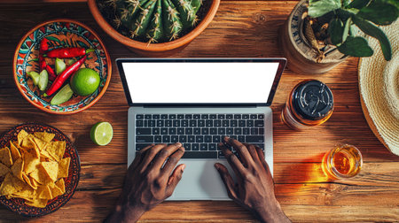 A black man is typing on a laptop with a white screen, top view. A laptop Mockup surrounded by cacti, plates of nachos, a glass of tequila, lime and a sombrero. The scene is laid-back, as the man is most likely enjoying a meal or drink while working on his laptop.の素材