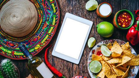Tablet mockup. The concept of an invitation to a Mexican party. A tablet with a white screen lies on the table with lime slices, a bottle of tequila, a plate of nachos, a sombrero hat and red hot peppers. The stage creates a festive atmosphere.の素材