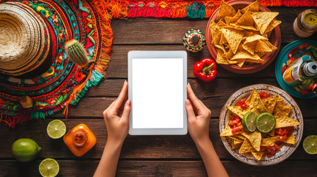Tablet mockup. Close-up of a Mexican woman holding a tablet with an empty screen against the background of a festive Mexican table. Cinco de Mayo is Victory Day at the Pueblo in Mexico. The table is filled with various dishesの素材