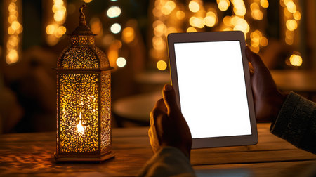 A Muslim man holds a tablet with a white screen in front of a surprisingly beautiful carved lantern with a burning candle inside. Tablet mockup. Eid al-Adha. The concept of relaxation and leisureの素材
