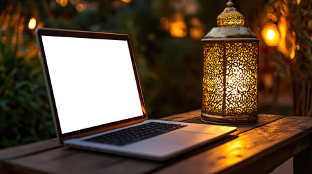 An open laptop sits on a table next to a decorative Islamic lantern. A mockup of a stylish laptop in the atmosphere of celebrating Eid al-Adha. The action takes place in a dimly lit garden, where a laptop and a flashlight create a warm and cozy atmosphere.の素材