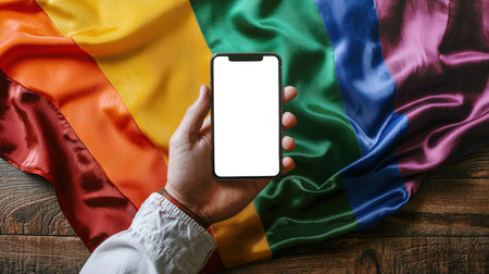 A white guy holds a phone in his hand with a white blank screen against the background of a rainbow flag lying on a wooden table, top view. Phone mockup. The LGBT flag. The fight against homophobia. Love and prideの素材