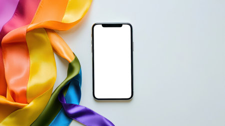 A modern phone with a white blank screen lies on a white table next to colorful ribbons. Phone mockup. The concept of combating homophobia. The rights and freedoms of LGBT people. The mobile appの素材