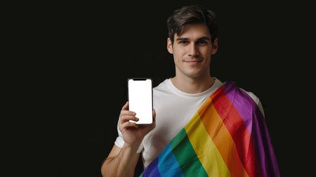 A confident, positive gay man stands with an LGBT flag and a white-screen phone on a black background. Phone mockup. Mobile app advertising. The fight for gay rights. Homophobia. He smiles and is proud of his personality.の素材