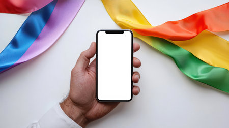 A man with a phone in his hands against the background of a rainbow ribbon on a white table, top view. A mockup of a stylish modern phone with a white screen. The concept of celebration and happiness. The mobile appの素材