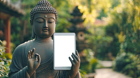A statue of a peaceful Buddha holding a stylish modern tablet with an empty screen in his hand. Advertising yoga classes. Tablet mockup. Rehabilitation and treatment. The statue is surrounded by trees and bushesの素材