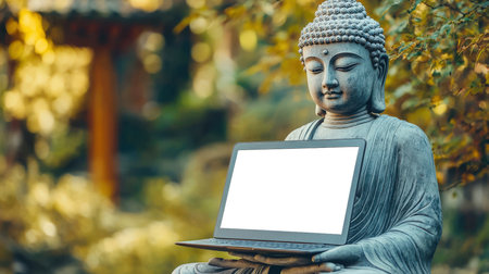 Meditation and mindfulness. A beautiful stone Buddha is sitting in a garden and holding an open laptop with an empty white screen. Laptop mockup. Zen and Buddhism. Wisdom and enlightenment.の素材