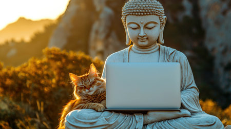 The red-haired cat fell asleep on the Buddha statue. A stone Buddha is working on a laptop in the mountains at sunset. Awakening and awareness. Meditation and relaxation. Zen and Buddhism. The concept of peace and pacificationの素材