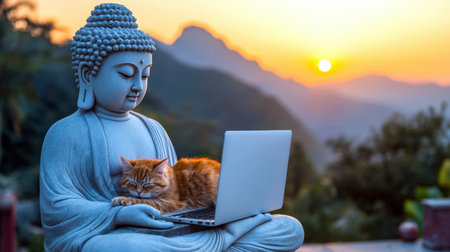 A retreat in the mountains of Thailand. A cute red-haired cat sleeps on the lap of a stone Buddha with a laptop in his hands. Zen and meditation. Rehabilitation and treatment. The concept of peace and tranquility. Enlightenmentの素材