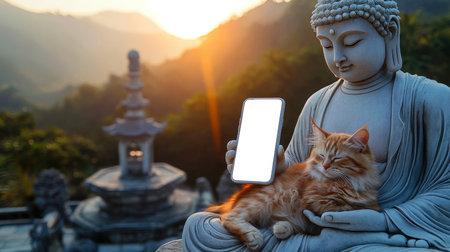 A red-haired cat sits on the lap of a stone statue of Buddha in the sunset. Phone mockup. The Buddha holds a white-screen mobile phone in his hand. Holidays in Southeast Asia. Meditation and Zen. The scene is serene and peacefulの素材