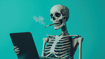 Death from cigarettes. Unhealthy lifestyle. The skeleton holds a laptop in his hands and smokes a cigarette on a turquoise background. The concept of humor and lighthearted atmosphere. The harm of smoking. Work killsの素材