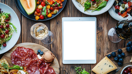 Gala dinner at an Italian restaurant. Tablet mockup, top view. A table filled with traditional Italian food and a tablet with a white screen. The menu includes a variety of dishes such as pizza, salad and fruit.の素材