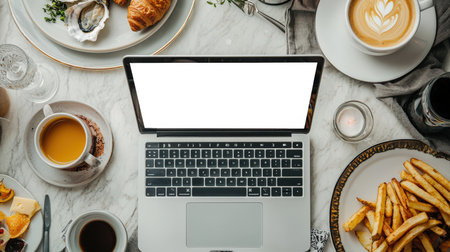 French cuisine. An open laptop with an empty white screen sits on a stylish marble table with a variety of food and drinks. Oysters, French fries, coffee and croissant. Welcome to France. Restaurant menuの素材
