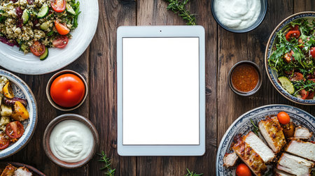 Welcome to Greece. A mockup of a tablet surrounded by Greek cuisine dishes - Greek salad and lamb ribs, top view. A white tablet with an empty screen lies on a table covered with a variety of dishes. Website advertisingの素材