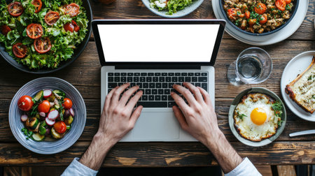 A freelance man types on a laptop in a cafe, top view. In front of him are pills with vegetable salad, scrambled eggs, sandwich, etc. Laptop mockup. Lunch break. The man is focused on his work, perhaps writing a report or an email.の素材