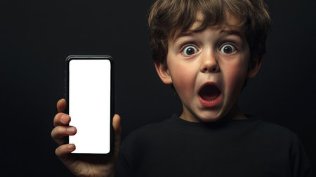Close-up of a surprised young boy holding a cell phone with a white screen in his hand. Phone mockup. He stars at the camera with his eyes and mouth wide open. The concept of fear, panic, or winning the lottery. Discounts and promotionsの素材
