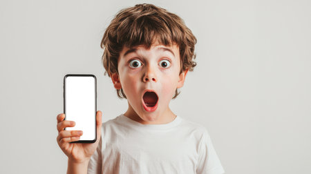 A small white, scared boy holds a cell phone with an empty screen in his hand. Phone mockup. He looks surprised and excited. A mobile app for children. Online shopping. Education, games, and discountsの素材