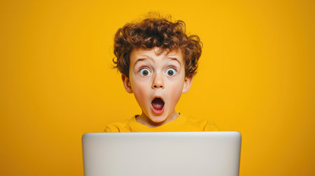 The concept of curiosity and surprise. A scared little boy looks at the laptop with his mouth open and his eyes wide open, as if he is surprised or shocked by something he saw on the screen. Parental control. Saleの素材