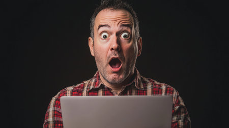 An adult unshaven man saw something shocking on the laptop screen. He's staring at the laptop with his mouth open and his eyes wide open. The concept of panic, fear and shock. Discounts, promotions, and sales. Online shoppingの素材