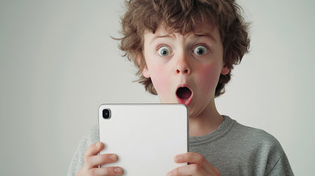 The teenager saw something scary and amazing on the tablet. The kid is holding a tablet in his hands, and his mouth is open, as if he is shocked and in a panic. The concept of discounts, promotions and sales. Parental controlの素材