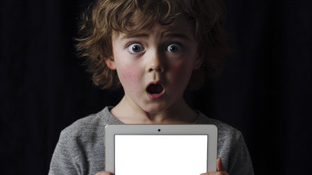 Shocking content. Parent content. A little boy is holding a tablet with an empty screen. Palette mockup. He has a surprised expression on his face. Panic and horror. Adult content. Mystery or secretの素材