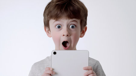 A little boy is holding a tablet in his hands, and his mouth opens in surprise. A mystery or a secret. Shocking content. The concept of excitement and surprise, as the boy is probably experiencing something unexpected or exciting on the tabletの素材