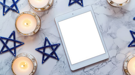 A festive mockup of the tablet. A fashionable white tablet with an empty screen lies on a marble table with lighted candles and blue stars. Online shopping. Discounts, promotions and sales for Christmas. The concept of relaxation and comfortの素材