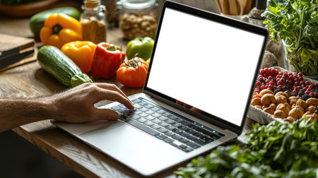 A man is typing on a laptop with a white screen on a table covered with vegetables, fruits, berries and nuts. Laptop mockup. Advertising a website with diets and healthy nutrition. Search for a recipe for a delicious vegan dish.の素材